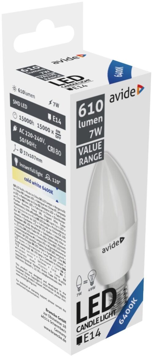 Avide LED Κερί 7W E14  Ψυχρό 6400K Value