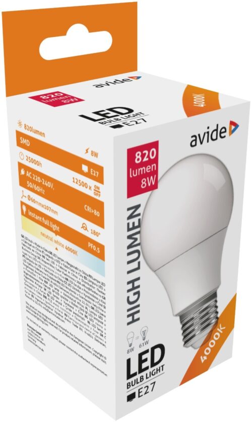 Avide LED Κοινή A60 8W E27 Λευκό 4000K