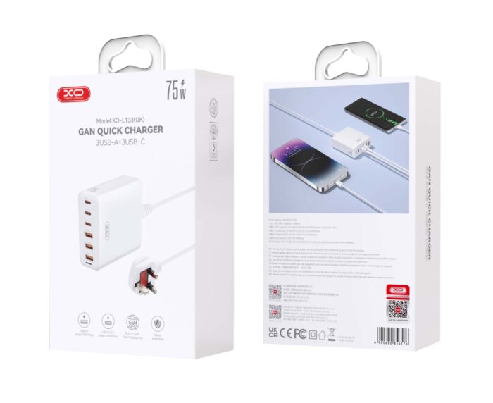 XO L133(EU) 75W GaN 3A+3C Desktop Fast Charger with 1.5M Power Cord - Image 2