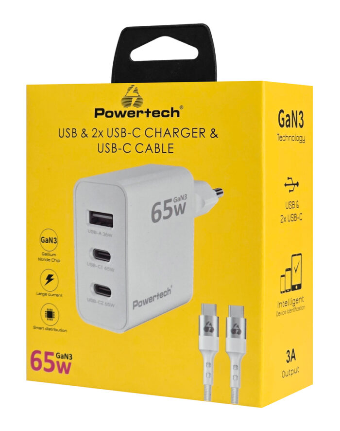 POWERTECH φορτιστής τοίχου PT-1378 με καλώδιο, USB/2x USB-C, 65W, GaN, λευκός - Image 2